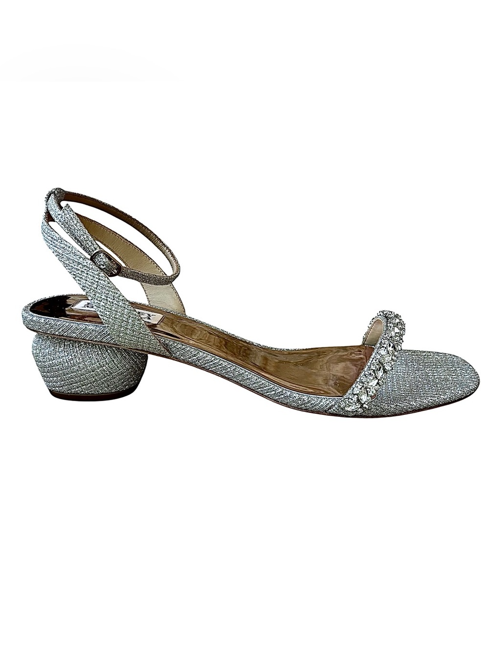 NWOB BADGLEY MISCHKA Sliver Fabric & Rhinestone Sandals w/ Spherical Heels